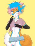  2020 5_fingers absurd_res anthro blue_eyes blue_hair canid canine clothed clothing digital_media_(artwork) eyebrows eyelashes eyewear female fingers fox fur glasses hair hi_res mammal midriff navel nayeliefox orange_body orange_fur smile solo standing 