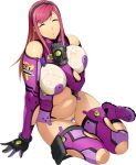  1girl between_breasts bodysuit boots breasts closed_eyes full_body gloves hairband hand_between_breasts large_breasts long_hair navel official_art parted_lips plump purple_legwear sitting solo super_robot_wars super_robot_wars_x-omega thigh_boots thighhighs transparent_background watanabe_wataru yokozuwari 