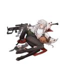  1girl alternate_costume alternate_hairstyle anti-materiel_rifle bangs beret black_footwear black_legwear black_skirt blush braid breasts brown_eyes cat damaged full_body fur-trimmed_jacket fur_trim gepard_m1 gepard_m1_(girls_frontline) girls_frontline green_jacket grey_hair gun hair_between_eyes hair_ornament hair_over_shoulder half-closed_eyes hat hat_removed headwear_removed jacket km2o4 long_hair long_sleeves looking_at_viewer lying medium_breasts messy_hair no_shoes off_shoulder official_art on_side pale_skin pantyhose red_sweater rifle shirt sidelocks skirt sniper_rifle sweater sweater_removed torn_clothes transparent_background turtleneck twin_braids very_long_hair weapon white_shirt 