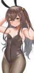  1girl absurdres alternate_costume animal_ears armpits arms_up bangs bare_arms bare_shoulders black_hairband blush boxreeema breasts brown_hair brown_legwear brown_leotard bunny_ears bunnysuit closed_mouth collarbone commentary_request covered_navel cowboy_shot facial_scar fake_animal_ears girls_frontline hairband hands_in_hair highres leotard long_hair one_side_up pantyhose scar sidelocks simple_background small_breasts smile solo strapless strapless_leotard ump45_(girls_frontline) white_background yellow_eyes 