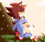  2015 anthro black_body black_fur blue_body blue_fur clothing duo eulipotyphlan eyes_closed food footwear fur gloves grass handwear hedgehog holding_food holding_object hot_dog male mammal outside red_body red_fur shadow_the_hedgehog shoes sitting smile sonic_the_hedgehog sonic_the_hedgehog_(series) spacecolonie standing 