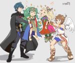  2boys 2girls absurdres angel_wings armor artist_name barefoot blonde_hair blue_eyes blue_hair braid brown_hair byleth_(fire_emblem) byleth_(fire_emblem)_(male) cape dress fire_emblem fire_emblem:_three_houses green_hair grey_background grin hair_ornament highres holding karbuitt kid_icarus kid_icarus_uprising long_hair multiple_boys multiple_girls nachure open_mouth pit_(kid_icarus) pointy_ears ponytail ribbon_braid short_hair simple_background smile sothis_(fire_emblem) super_smash_bros. tiara twin_braids wings 