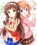  2girls ;d absurdres back-to-back bangs blue_skirt blush bow brown_hair brown_jacket brown_skirt clover collared_shirt commentary_request eyebrows_visible_through_hair floral_background four-leaf_clover frilled_jacket gochuumon_wa_usagi_desu_ka? green_eyes hair_between_eyes hair_bow hair_ornament hairband hairclip hand_up highres holding hoto_cocoa jacket long_hair looking_at_viewer multiple_girls neck_ribbon one_eye_closed open_clothes open_jacket open_mouth pink_jacket plaid plaid_skirt pleated_skirt purple_eyes red_bow red_ribbon ribbon sash shirt simple_background skirt smile stick_jitb translation_request ujimatsu_chiya very_long_hair white_background white_bow white_hairband white_shirt 