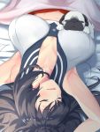  1girl agano_(kantai_collection) animal armpits arms_up bangs bed black_hair blanket blush breasts cleavage closed_eyes dog eyelashes highres kantai_collection large_breasts lips long_hair lying midriff navel on_back pug red_skirt sailor_collar shingyo skirt sleeping sleeveless smile solo upside-down 