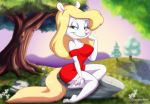  2017 3_toes 4_fingers animaniacs anthro bare_shoulders big_breasts biped blonde_hair breasts clothed clothing creamytea detailed_background digital_media_(artwork) dress eyelashes female fingers hair half-closed_eyes hi_res long_hair looking_at_viewer mammal minerva_mink mink mustelid musteline narrowed_eyes outside pink_nose short_dress sitting smile solo text thin_waist toes url warner_brothers 