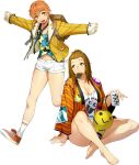  2girls backpack bag barefoot breasts brown_eyes brown_hair can cleavage clothes_writing food glasses hair_ornament hairclip holding holding_can jacket long_sleeves mouth_hold multiple_girls necktie no_bangs official_art open_clothes open_jacket open_mouth orange_eyes orange_hair outstretched_arms puzzle-piece_print round_eyewear shoes short_hair short_shorts shorts sitting sneakers spread_arms super_robot_wars super_robot_wars_x-omega transparent_background watanabe_wataru 