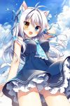  1girl :d aina_rive animal_ears antenna_hair arm_up ass_visible_through_thighs bangs bare_arms bare_shoulders blue_dress blue_eyes blue_neckwear blue_ribbon blue_sky blush breasts cameltoe cat_ears cat_girl cat_tail cloud cloudy_sky covered_nipples day dress eyebrows_visible_through_hair frilled_dress frilled_neckwear frills hair_between_eyes hair_intakes hair_ribbon heterochromia long_hair looking_at_viewer mauve medium_breasts open_mouth original outdoors panties ribbon sailor_collar silver_hair sky sleeveless sleeveless_dress smile solo tail underwear very_long_hair water_drop white_panties white_sailor_collar yellow_eyes 