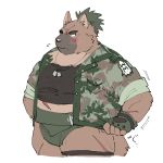  1:1 2020 anthro blush brown_body brown_fur canid canine canis clothing domestic_dog fur h_s_050 humanoid_hands male mammal overweight overweight_male scar shirt simple_background solo tokyo_afterschool_summoners topwear video_games white_background yasuyori 