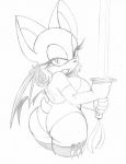  2019 5_fingers armwear bat_wings big_butt breasts butt chiropteran clothed clothing cute_fangs dagger eyelashes eyeshadow female fingers hair hi_res legwear looking_at_viewer looking_back makeup mammal melee_weapon membrane_(anatomy) membranous_wings monochrome omegasunburst rouge_the_bat simple_background sketch sonic_the_hedgehog_(series) sword thick_thighs weapon white_background wide_hips wings 