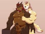  2020 absurd_res anthro balls barazoku blush bodily_fluids canid canine dragon duo erection eyes_closed genitals hi_res hug hugging_from_behind jumperbear male male/male mammal musclegut overweight overweight_male penis simple_background sweat 