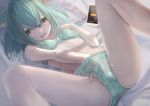  1girl bangs bed_sheet bra breasts cellphone eyewear_removed fingering glasses green_bra green_hair green_panties grey_eyes hair_between_eyes hand_in_panties hashimoto_kokai highres long_hair lying masturbation on_back open_mouth panties phone shiny shiny_hair small_breasts smartphone solo underwear underwear_only vrchat 