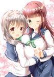  2girls :d ;q asymmetrical_docking bangs blue_sailor_collar blue_skirt blush bow breast_press breasts brown_eyes brown_hair closed_mouth commentary_request crossover eyebrows_visible_through_hair flower gochuumon_wa_usagi_desu_ka? green_bow green_eyes green_ribbon grey_hair hair_bow hair_flower hair_ornament highres holding_hands interlocked_fingers koisuru_asteroid large_breasts long_hair long_sleeves looking_at_viewer medium_breasts morino_mari multiple_girls neck_ribbon one_eye_closed open_mouth pleated_skirt ribbon sailor_collar school_uniform serafuku shirt skirt smile tongue tongue_out ujimatsu_chiya very_long_hair white_flower white_shirt zenon_(for_achieve) 