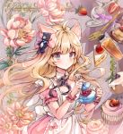  1girl ahoge animal_ears apron blonde_hair blush bow breasts cake cleavage closed_mouth commentary_request cupcake dress flower food fork fruit hair_bow holding long_hair looking_at_viewer maid_apron medium_breasts melings_(aot2846) original pink_bow pink_dress pink_flower puffy_short_sleeves puffy_sleeves red_flower red_rose rose short_sleeves slice_of_cake solo strawberry stuffed_animal stuffed_toy teddy_bear teddy_bear_hair_ornament very_long_hair white_apron 