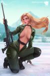  1girl bangs black_footwear black_gloves blonde_hair blue_eyes blurry blurry_background boots breasts breath collar collarbone combat_boots commentary day fingerless_gloves fingernails full_body gloves gun h&amp;k_psg1 highres kneeling lips logo long_hair looking_away medium_breasts metal_gear_(series) metal_gear_solid military military_uniform navel no_bra olga_narhova open_clothes outdoors parted_lips rifle shiny shiny_hair shiny_skin signature sniper_rifle sniper_wolf snow snowing solo stomach uniform weapon zipper zipper_pull_tab 
