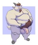  2018 absurd_res anthro balls beard belly big_balls big_penis black_hooves black_horn blush bodily_fluids body_hair bovid brown_hair caprine chest_hair ear_piercing ear_ring eyebrows facial_hair flaccid fur genital_fluids genitals goat hair happy_trail hi_res hooves horn huge_balls huge_penis james_(lizard_soup) lizard_soup male mammal nipples nude overweight overweight_male partially_retracted_foreskin penis piercing pink_nipples pink_nose pink_penis precum pubes red_eyes simple_background solo standing thick_eyebrows uncut white_body white_fur 