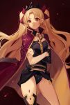  1girl :&lt; absurdres bangs black_legwear black_leotard blonde_hair bow breasts cape closed_mouth cowboy_shot crossed_arms detached_sleeves earrings ereshkigal_(fate/grand_order) fate/grand_order fate_(series) gradient gradient_background hair_bow highres jewelry leotard long_hair looking_at_viewer medium_breasts nail_polish orange_nails parted_bangs petals purple_bow purple_cape red_background red_eyes single_detached_sleeve single_thighhigh skull solo spine thighhighs tiara two_side_up v-shaped_eyebrows very_long_hair yayako_(804907150) 