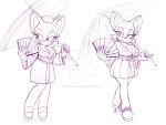  2019 asian_clothing chiropteran clothed clothing east_asian_clothing eyelashes eyeshadow female flip_flops footwear hand_fan japanese_clothing kimono makeup mammal monochrome omegasunburst rouge_the_bat sandals simple_background sketch solo sonic_the_hedgehog_(series) umbrella watermark white_background 