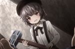  1girl bangs beret black_headwear black_neckwear black_ribbon blush brown_eyes eyebrows_visible_through_hair fukumimi grey_hair hammer hat hatoba_tsugu hatoba_tsugu_(character) holding holding_hammer long_sleeves mole mole_under_eye open_mouth out_of_frame ribbon short_hair skirt suspender_skirt suspenders upper_body virtual_youtuber 