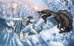  black_body black_fur canid canine day detailed_background dragon flashw fox fur furred_dragon horn mammal membrane_(anatomy) membranous_wings outside sky snow wings 