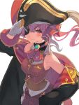  1girl arrow_through_heart bare_shoulders blush breasts buttons closed_mouth covered_navel elbow_sleeve eyepatch gloves hair_between_eyes hat hololive houshou_marine leotard looking_at_viewer pink_hair pirate_hat red_eyes salute smile solo taker_(flamestorm) twintails virtual_youtuber white_gloves 