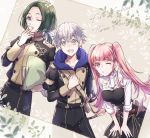  1girl 2boys ashe_ubert belt bow_(weapon) copyright_name fire_emblem fire_emblem:_three_houses garreg_mach_monastery_uniform green_eyes green_hair grey_hair highres hilda_valentine_goneril holding holding_bow_(weapon) holding_weapon hood hood_down linhardt_von_hevring long_hair long_sleeves multiple_boys one_eye_closed open_mouth pillow pink_eyes pink_hair ro16t0day8 short_hair twintails uniform weapon 