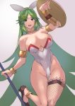  1girl animal_ears ashiomi_masato bare_shoulders bow breasts bunny_ears bunny_girl bunnysuit cleavage covered_navel fishnet_legwear fishnets goddess green_eyes green_hair hair_bow high_heels kid_icarus large_breasts long_hair palutena shield single_thighhigh solo staff thighhighs very_long_hair 