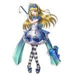  1girl ;d alice_(hitsuji_chronicle) blonde_hair blue_bow blue_dress blue_eyes bow dress full_body gloves hair_bow hitsuji_chronicle holding_polearm long_hair official_art one_eye_closed open_mouth short_sleeves smile solo standing striped striped_legwear stuffed_animal stuffed_cat stuffed_toy thighhighs tilted_headwear white_gloves 