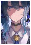  1girl absurdres bangs blue_eyes blue_hair blue_neckwear character_name choker evil_smile hair_between_eyes highres hololive hoshimachi_suisei huge_filesize looking_at_viewer medium_hair necktie smile solo star suisei_channel tsumeki virtual_youtuber 