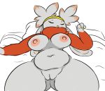  2020 anthro areola belly big_breasts big_butt breasts butt clothed clothing curvy_figure eyes_closed fan_character female genitals hi_res huge_butt lagomorph mammal navel nintendo nipples partially_clothed pillow plantedpot pok&eacute;mon pok&eacute;mon_(species) pussy raboot short_stack simple_background sleeping solo thick_thighs video_games voluptuous wide_hips 