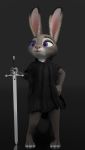  2020 3d_(artwork) anthro barefoot biped black_background black_clothing claws clothing digital_media_(artwork) disney ears_up eyebrows eyelashes female fingers fur grey_body grey_fur hand_on_belt hi_res holding_object holding_weapon judy_hopps lagomorph leporid long_ears mammal melee_weapon melo mostly_nude multicolored_body multicolored_ears multicolored_fur pink_nose poncho purple_eyes rabbit simple_background solo standing sword toes weapon white_body white_fur zootopia 