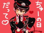  1boy absurdres black_gloves black_hair blush fang gloves hair_between_eyes hanako_(jibaku_shounen_hanako-kun) hanoyuta hat heart highres jibaku_shounen_hanako-kun kiss_day looking_at_viewer open_mouth red_background school_uniform smile solo yellow_eyes 