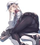  1girl ass bangs black_legwear black_skirt blonde_hair blue_eyes blush eyebrows_visible_through_hair graf_zeppelin_(kantai_collection) hair_between_eyes hat ichikei kantai_collection long_hair long_sleeves military military_hat military_uniform open_mouth panties pantyhose popped_collar rigging shadow simple_background skirt solo twintails underwear uniform wavy_mouth white_background 