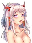  1girl :d absurdres arknights bangs blush braid breasts chinese_commentary collarbone commentary_request cum cum_in_mouth cum_on_body cum_on_breasts cum_on_tongue cum_on_upper_body eyebrows_visible_through_hair half_updo highres horns long_hair looking_at_viewer medium_breasts multicolored_hair nian_(arknights) no_nipples nude open_mouth pointy_ears purple_eyes red_hair shuishuishuishui sidelocks silver_hair simple_background smile solo streaked_hair tongue tongue_out upper_body white_background 