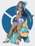 1girl black_hair blue_hair dark_skin drednaw highres machi_(wm) midriff pokemon pokemon_(game) pokemon_swsh rurina_(pokemon) shorts 