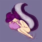  2018 ambiguous_gender animal_humanoid bedding big_tail biped curled_up digital_media_(artwork) fetal_position fur hair holding_object holding_pillow humanoid kiji_sutego konani long_hair mammal mammal_humanoid mephitid mephitid_humanoid nude pillow simple_background skunk_humanoid sleeping solo striped_body striped_fur striped_tail stripes 