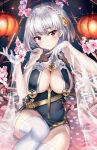  1girl artist_name azur_lane bangs between_breasts black_dress blush braid breasts brown_flower brown_rose chinese_new_year cleavage closed_mouth commentary dress eyebrows_visible_through_hair flower gloves hair_between_eyes hair_flower hair_ornament half_gloves hands_up highres lantern large_breasts looking_at_viewer paper_lantern petals pink_flower red_eyes rose see-through silver_hair sirius_(azur_lane) sitting sleeveless sleeveless_dress solo squchan thighhighs watermark web_address white_gloves white_legwear 