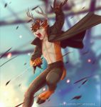  anthro battle cervid clothed clothing horn knife male mammal open_mouth rexwind simple_background 
