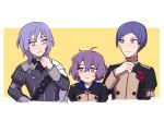  1girl 2boys ahoge bernadetta_von_varley cape closed_mouth epaulettes fire_emblem fire_emblem:_three_houses flower garreg_mach_monastery_uniform grey_eyes iincos long_sleeves lorenz_hellman_gloucester medium_hair messy_hair multiple_boys nervous ornament purple_eyes purple_hair rose short_hair simple_background smile smug sweat thinking uniform upper_body wavy_mouth yuri_(fire_emblem) 