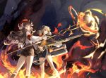  2girls achyue arknights armband bag beret brown_eyes brown_hair choker cuffs embers eyjafjalla_(arknights) fire flamethrower goat_horns goat_tail grin handbag hat highres horns ifrit_(arknights) jacket kneehighs long_hair long_sleeves looking_afar magic multiple_girls orange_eyes orange_shirt shirt shorts smile smoke staff twintails wand weapon 