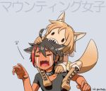  &gt;_&lt; 1boy 1girl ahoge animal_ears biting black_hair black_shirt boots carrying chibi closed_eyes collar crying dog_ears fang fur-trimmed_boots fur-trimmed_gloves fur_trim gloves hand_up holding holding_hair light_brown_hair multicolored_hair mutsubizuki ooka_miko open_mouth orange_skin rook_(utau) sharp_teeth shirt shoulder_carry solid_oval_eyes streaked_hair tail tears teeth translated utau wolf_ears wolf_tail 