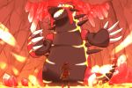  1girl brown_hair cave gen_3_pokemon groudon hair_ribbon haruka_(pokemon) legendary_pokemon mizuto_(o96ap) molten_rock pokemon pokemon_(creature) primal_groudon ribbon shorts standing 