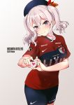  1girl alternate_costume commentary_request copyright_name cowboy_shot fujii_jun gradient gradient_background grey_background grey_eyes heart heart_hands j._league kantai_collection kashima_(kantai_collection) kashima_antlers looking_at_viewer namesake red_shirt shirt shorts sidelocks silver_hair smile soccer_uniform solo sportswear twintails wavy_hair 
