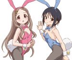  2girls animal_ears aoba_kokona black_hair black_legwear blue_eyes blue_leotard blue_neckwear blush bow bowtie braid breasts bunny_ears bunny_tail bunnysuit closed_mouth collar cowboy_shot detached_collar fake_animal_ears frown hair_ornament highres kurosaki_honoka leotard light_brown_hair long_hair multiple_girls pantyhose pink_leotard pink_neckwear red_eyes short_hair standing strapless strapless_leotard sweatdrop tail white_background white_collar wing_collar wrist_cuffs yama_no_susume yougiri 