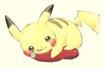  creature full_body gen_1_pokemon holding ketchup ketchup_bottle looking_at_viewer lying mizuto_(o96ap) no_humans on_stomach pikachu pokemon pokemon_(anime) pokemon_(creature) simple_background solo white_background 