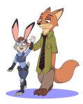  2019 anthro barefoot black_nose bottomwear brown_body brown_fur buckteeth canid canine clothed clothing disney duo fox fully_clothed fur grey_body grey_fur hand_in_pocket hi_res judy_hopps lagomorph leporid mammal mew-me necktie nick_wilde open_mouth open_smile pants pockets rabbit red_fox shirt simple_background smile teeth topwear walking white_background zootopia 