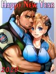  1boy 1girl blonde_hair blue_eyes blush breasts chris_redfield commentary_request earrings fingerless_gloves gloves jewelry jill_valentine large_breasts long_hair looking_at_viewer muscle nagare ponytail resident_evil resident_evil_5 veins 