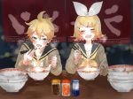  1boy 1girl aqua_eyes bangs bass_clef black_collar blonde_hair blurry blurry_background blurry_foreground blush bokeh bow bowl bowl_stack cardigan chopsticks closed_eyes collar commentary depth_of_field eating egg facing_viewer food hair_bow hair_ornament hairclip highres holding holding_chopsticks holding_spoon kagamine_len kagamine_rin nail_polish neckerchief necktie noodles open_mouth pale_skin ramen sailor_collar sakanashi sauce school_uniform shirt short_hair short_ponytail smile spiked_hair spoon swept_bangs tapestry treble_clef upper_body vocaloid white_bow white_shirt yellow_nails yellow_neckwear 