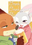  2017 anthro blush buckteeth canid canine clothed clothing disney drunk duo fox fur green_eyes grey_body grey_fur holding_cup holding_object judy_hopps lagomorph leporid mammal necktie nick_wilde numairiaoi one_eye_closed open_mouth open_smile orange_body orange_fur purple_eyes rabbit red_fox shirt smile substance_intoxication teeth topwear zootopia 