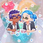  2boys blue_hair candy cherry collared_shirt dark_skin drinking_straw food fruit glasses green_eyes ice_cream ice_cream_float inkling melon_soda multiple_boys necktie orange_eyes over-rim_eyewear purple-framed_eyewear purple_hair semi-rimless_eyewear shirt souzaipan splatoon_(series) tropical_drink white_shirt 