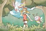  1girl blue_sky breasts brown_hair bush cloud cloudy_sky creature day flying gen_3_pokemon grey_eyes hair_ribbon haruka_(pokemon) masquerain mizuto_(o96ap) pokemon pokemon_(creature) pokemon_(game) pokemon_oras red_shirt ribbon seedot shirt shorts sky small_breasts tree walking 